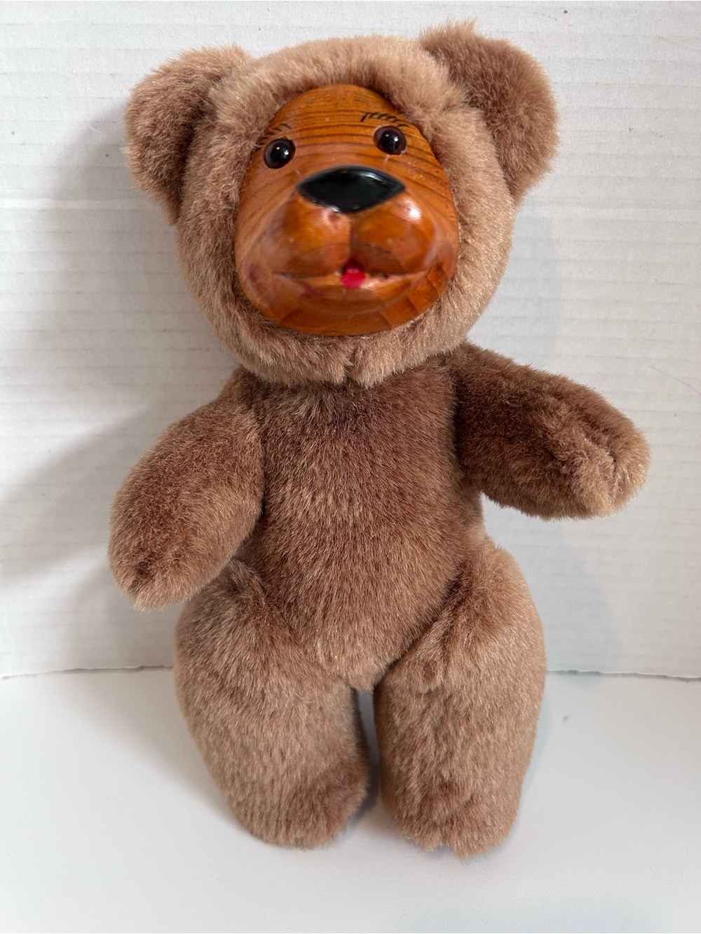 Carved wood Plush Bear Wooden Face & Feet 10" with Jointed leg